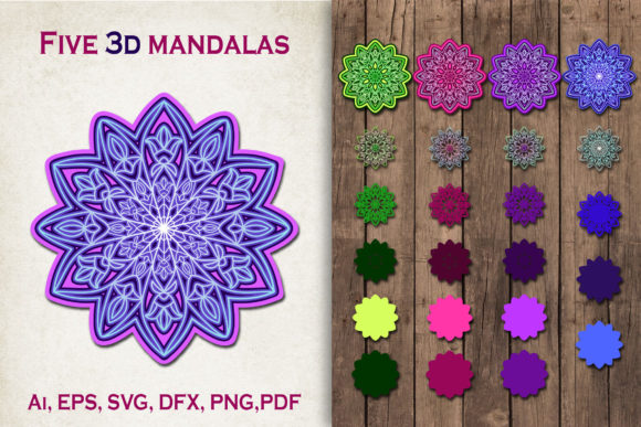 3D Mandalas in Five Color Versions