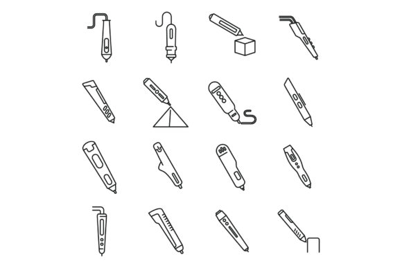 3D Pen Model Icons Set, Outline Style